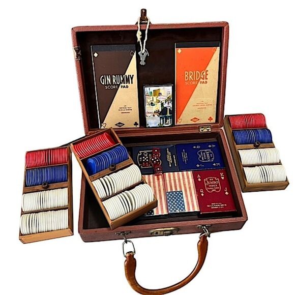Vintage Lowe Poker Chips & Cards Set in Leather Case - Picture 1 of 16